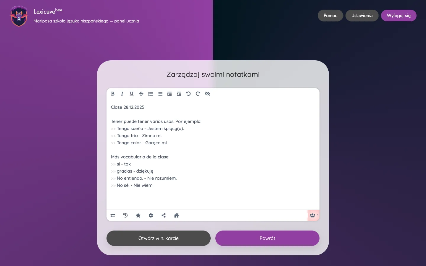 Edytor notatek z przykładowymi fiszkami